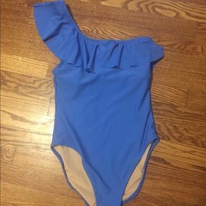 J crew factory ruffle one-shoulder swimsuit M blue